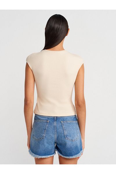 Dilvin 31887 Button Short Sleeve Top-Beige