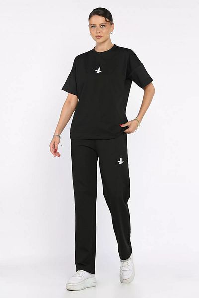 GÜLSELİ Black Women's Embroidery Detailed Crew Neck T-Shirt Pants Double Set