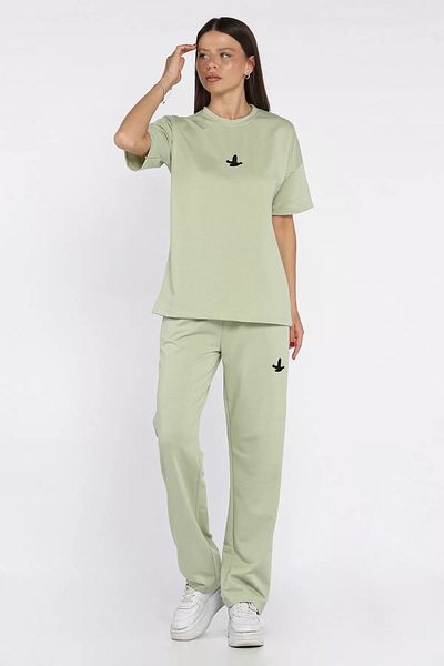 GÜLSELİ Mint Women's Embroidery Detailed Crew Neck T-Shirt Pants Double Set