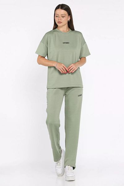 GÜLSELİ Mint Women's Crew Neck Embroidery Detailed T-Shirt Pants Two-Piece Set