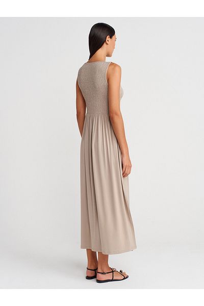 Dilvin 91465 Rochie Midi cu decolteu barca-bej