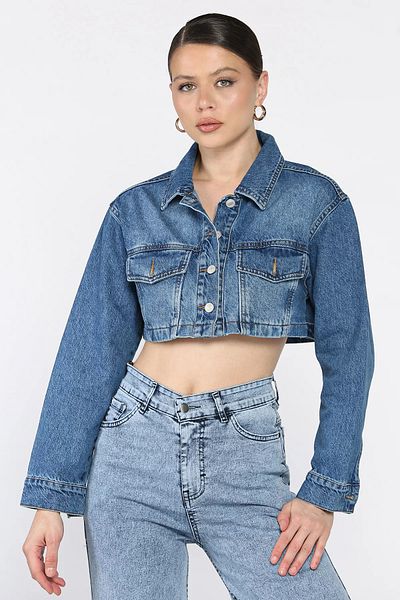 GÜLSELİ Navy Blue Women's Crop Top Jean Denim Jacket