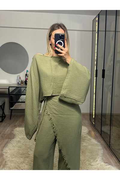 NET OF NOT Darla Khaki Muslin Fabric Envelope Trousers Crop Set