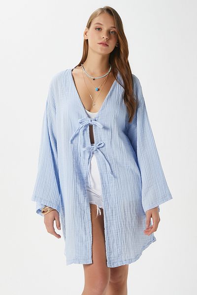 Ritnice Women's Sandra 100% Cotton Muslin Lace-Up Blue Kimono