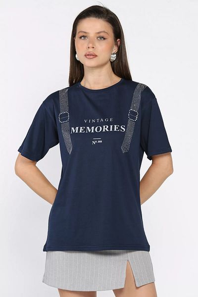 GÜLSELİ Navy Blue Crew Neck Printed Stone Women's T-Shirt