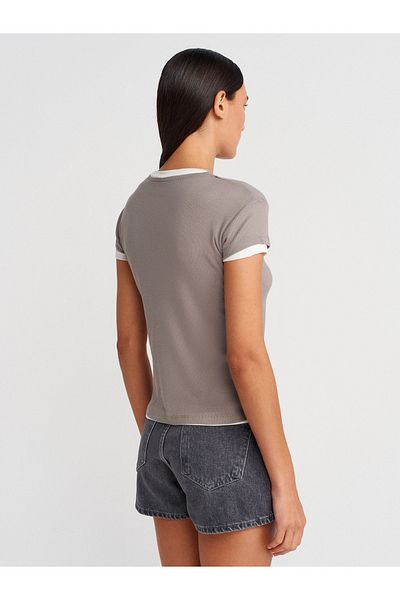 Dilvin 31783 Double Layer Buttoned T-Shirt-Grey