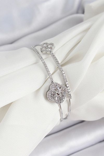 Clariss Brass Silver Color Zircon Stone Clover Model 2-Piece Women's Bracelet