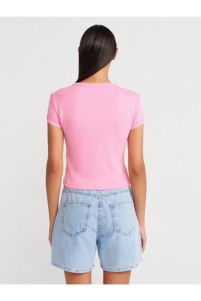 Dilvin 31750 Contrast Short Sleeve Tshirt-Pink