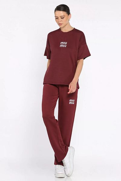 GÜLSELİ Burgundy Women's Embroidery Detailed T-Shirt Pants Double Set