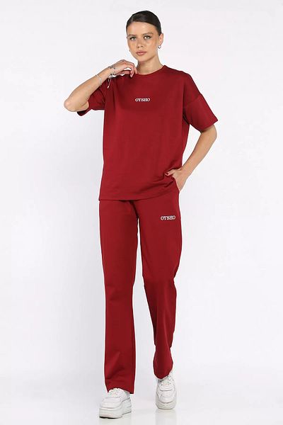 GÜLSELİ Burgundy Women's Crew Neck Embroidery Detailed T-Shirt Pants Two-Piece Set