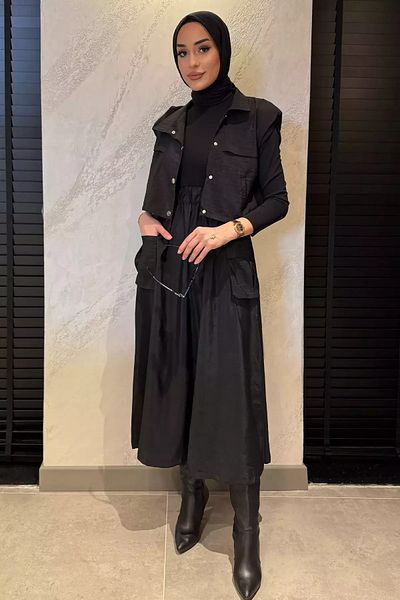 julude Black Snap Cargo Pocket Parachute Fabric Dress Vest Hijab Double Suit