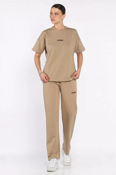 GÜLSELİ Beige Women's Crew Neck Embroidery Detailed T-Shirt Pants Two-Piece Set
