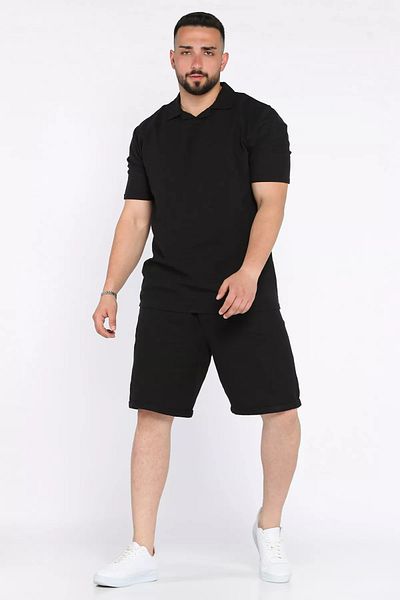 MİSHAR İTALİA Black Men's Polo Neck T-Shirt Shorts Double Set