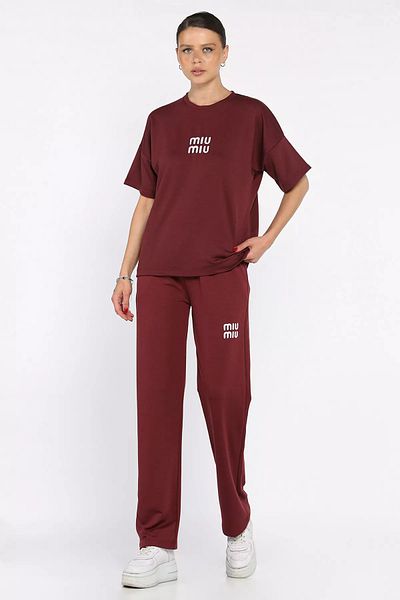 GÜLSELİ Burgundy Women's Embroidery Detailed T-Shirt Pants Double Set