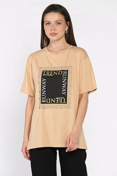 GÜLSELİ Beige Women's Crew Neck Printed Stone T-Shirt