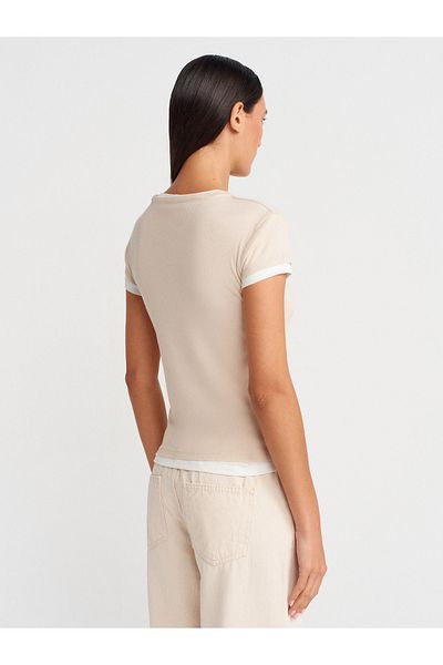Dilvin 31783 Double Layer Buttoned T-Shirt-Beige