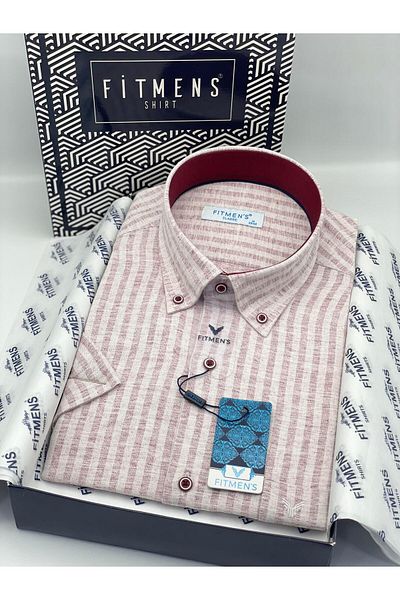 Fitmens Classic Short Sleeve Linen Cotton Lapel Button Gift Boxed Men's Shirt Fs-004152 - Burgundy