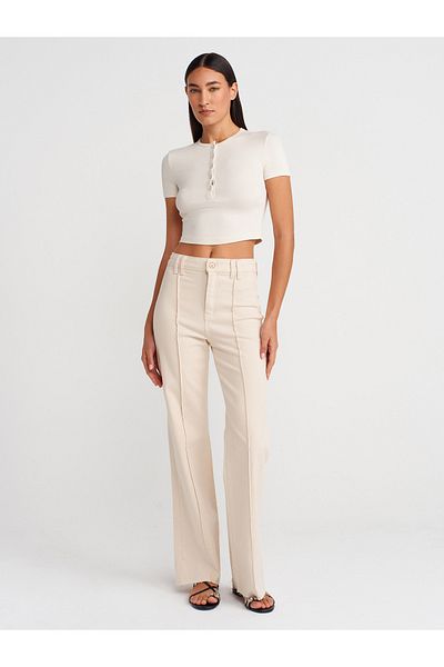 Dilvin 72016 Ribbed Cotton Denim Trousers-Ecru