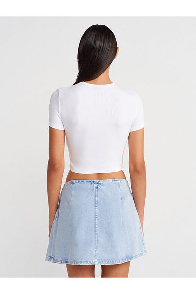 Dilvin 80585 Mini fustă din denim cu fundă în față-albastru