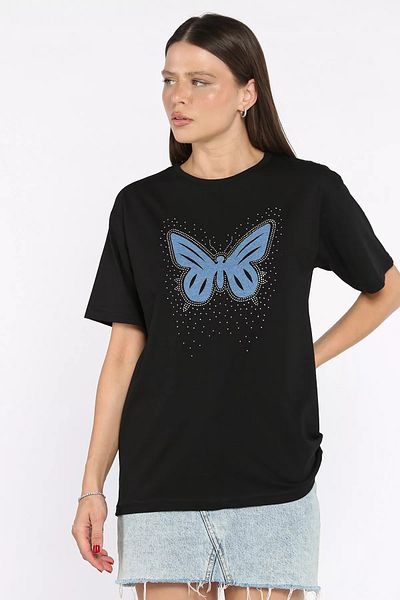 GÜLSELİ Black Crew Neck Stone Butterfly Motif Women's T-Shirt