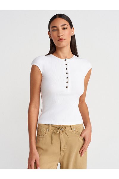Dilvin 31887 Button Short Sleeve Top-White