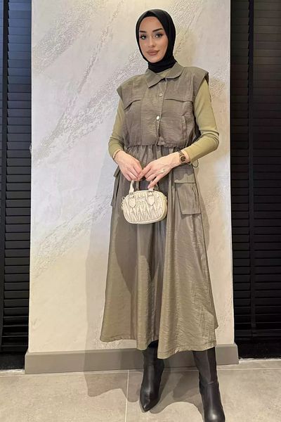 julude Khaki Snap Cargo Pocket Parachute Fabric Dress Vest Hijab Double Suit