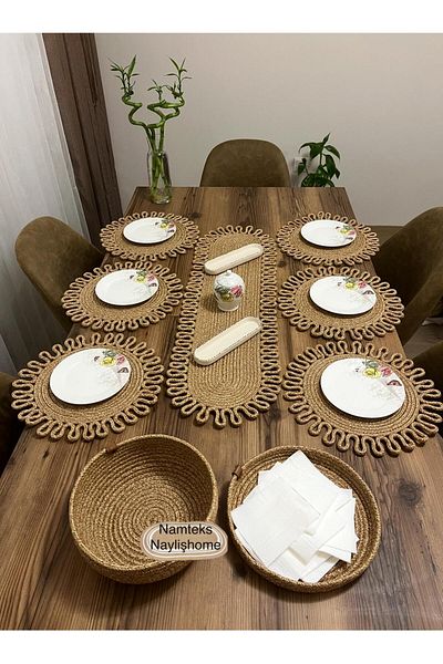 Namteks Beige Edge Tricot American Service Runner Food Service Set Gift Dowry Supla