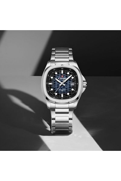 Naviforce Men's Luxury Stainless Steel Watch Silver with Blue Textured Dial Waterproof
