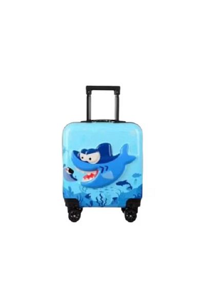 OEM Troler cabina copii cu desene animate 3D de 43 x 36 x 23 cm pentru copii, cu 4 roti, BLUE SHARK
