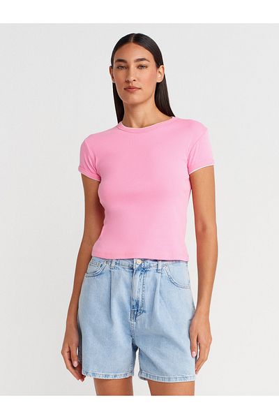 Dilvin 31750 Contrast Short Sleeve Tshirt-Pink