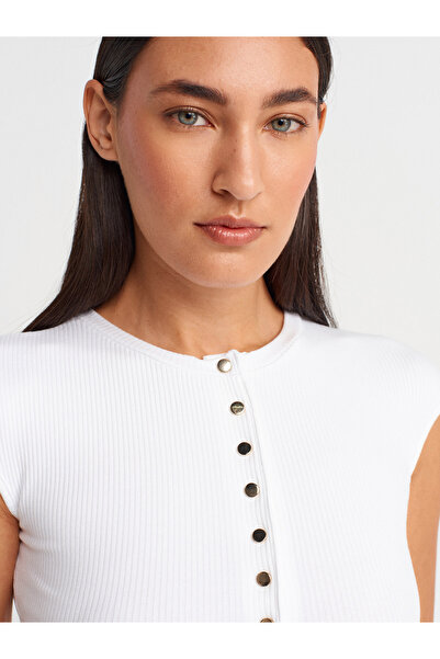 Dilvin 31887 Κοντομάνικο μπλουζάκι με κουμπί-Λευκό