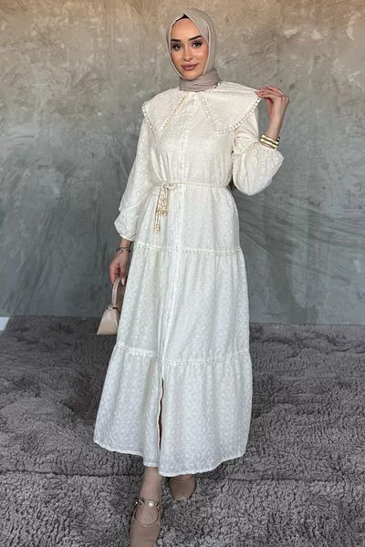 julude Stone Self Patterned Buttoned Ruffle Hijab Dress