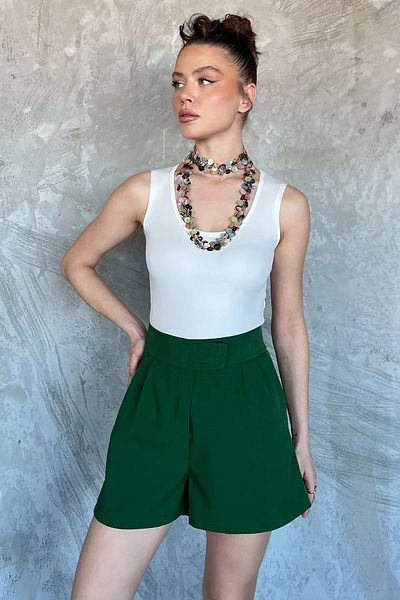 GÜLSELİ Pantaloni scurți de buzunar pentru femei, cu talie înaltă, cu velcro plisat, verde închis