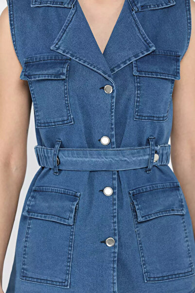 Zehra Gül Koyumavi Cepli Bel Kemerli Kadın Likralı Jean Kot Yelek