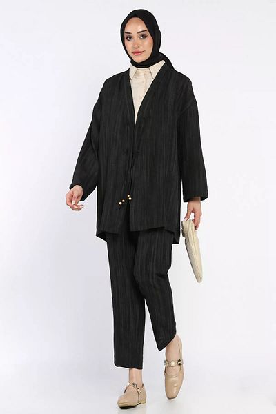julude Black Front Tie Jacket Trousers Hijab Double Suit