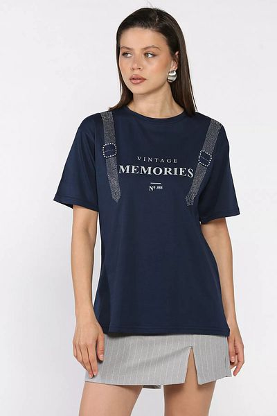 GÜLSELİ Navy Blue Crew Neck Printed Stone Women's T-Shirt