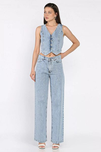 GÜLSELİ Ice Blue Stone Detailed Jean Denim Vest Trousers Double Set