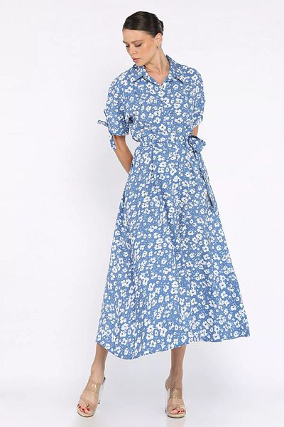 GÜLSELİ Blue Women's Buttoned Floral Print Short Sleeve Dress