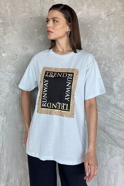 GÜLSELİ Baby Blue Women's Crew Neck Printed Stone T-Shirt