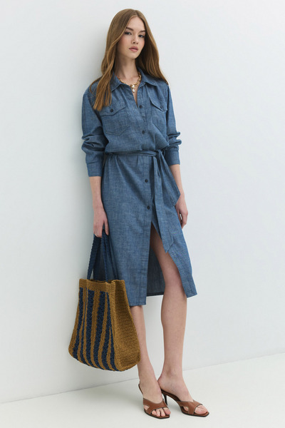 Denim Trip Oversize Fit Kuşaklı Chambray Orta İndigo Midi Jean Elbise