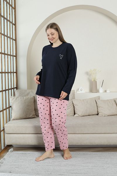 FAMESTEKSTİL Uzunkol Combed Cotton Seasonal Flat Heart Embroidered Large Size Pajama Set