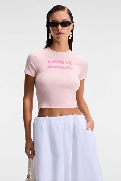 GRIMELANGE Velina Women's Crew Neck Short Sleeve Front Printed Slim Pink T-Shirt