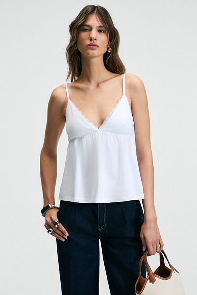 GRIMELANGE Clarvia Women's Triangle Chest Cup Lace Detail White Blouse with Adjustable Strap