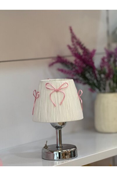 Maison Avf Candy Pembe Fiyonk Kurdele Beyaz Rafya Kablosuz Pilli Masa Lambası...