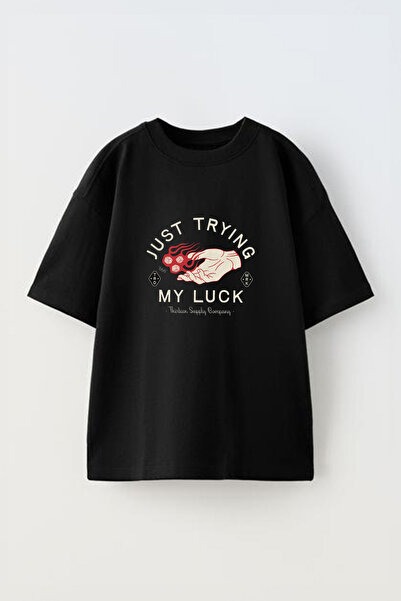 Anetos Tricou oversized negru din bumbac cu imprimeu "Just Trying My Luck" pe...