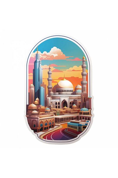 INOVATIX Set de 8 piese, autocolant orașul Mecca cu moschee și minarete, INOVATIX®. 6 cm
