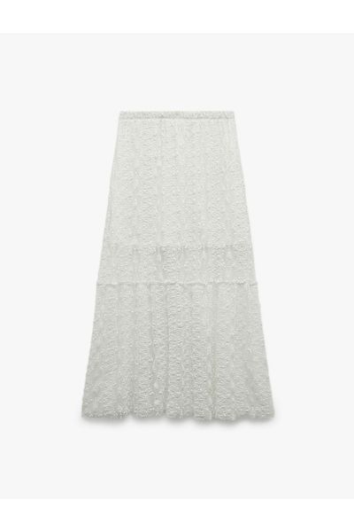Koton New Season High Waist Layered Embroidered Jacquard Midi Skirt