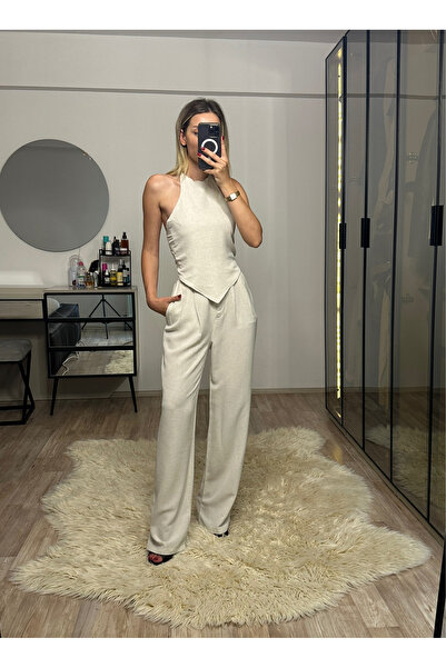 NET OF NOT Emily Bej Bambu Keten Asimetrik Halter Yaka Bluz Pantolon Takım