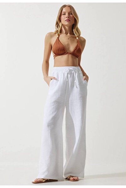Mixray Muslin Palazzo Women's Trousers with Elastic Waist