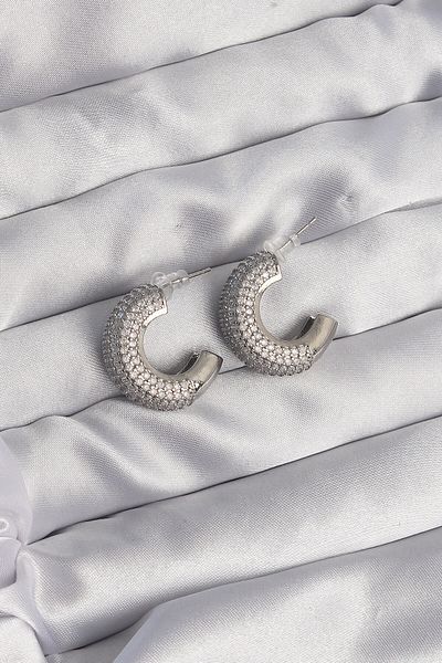 callerrons accessories Brass Silver Color Zircon Stone Half Hoop Earrings